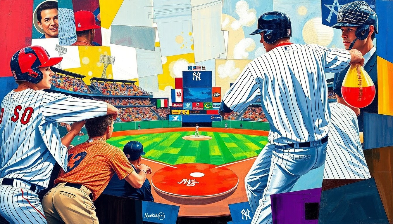 A fractured, multi-perspective painting depicting a baseball game or match between the Red Sox and Yankees, with the players and field broken down into sharp, overlapping geometric planes in vibrant colors.