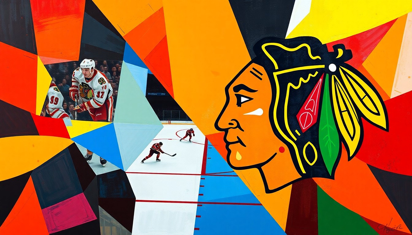 A cubist, geometric painting depicting a hockey game or match, with sharp, overlapping planes of color representing the Calgary Flames and Chicago Blackhawks.