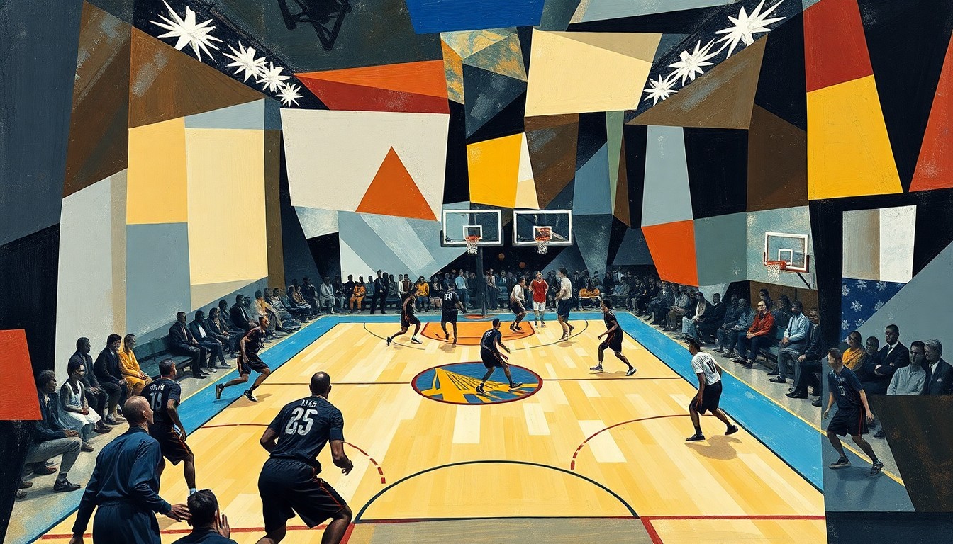A cubist-style painting depicting a basketball game, with the players and court rendered in sharp, overlapping geometric shapes and planes, capturing the dynamic energy and movement of the sport.