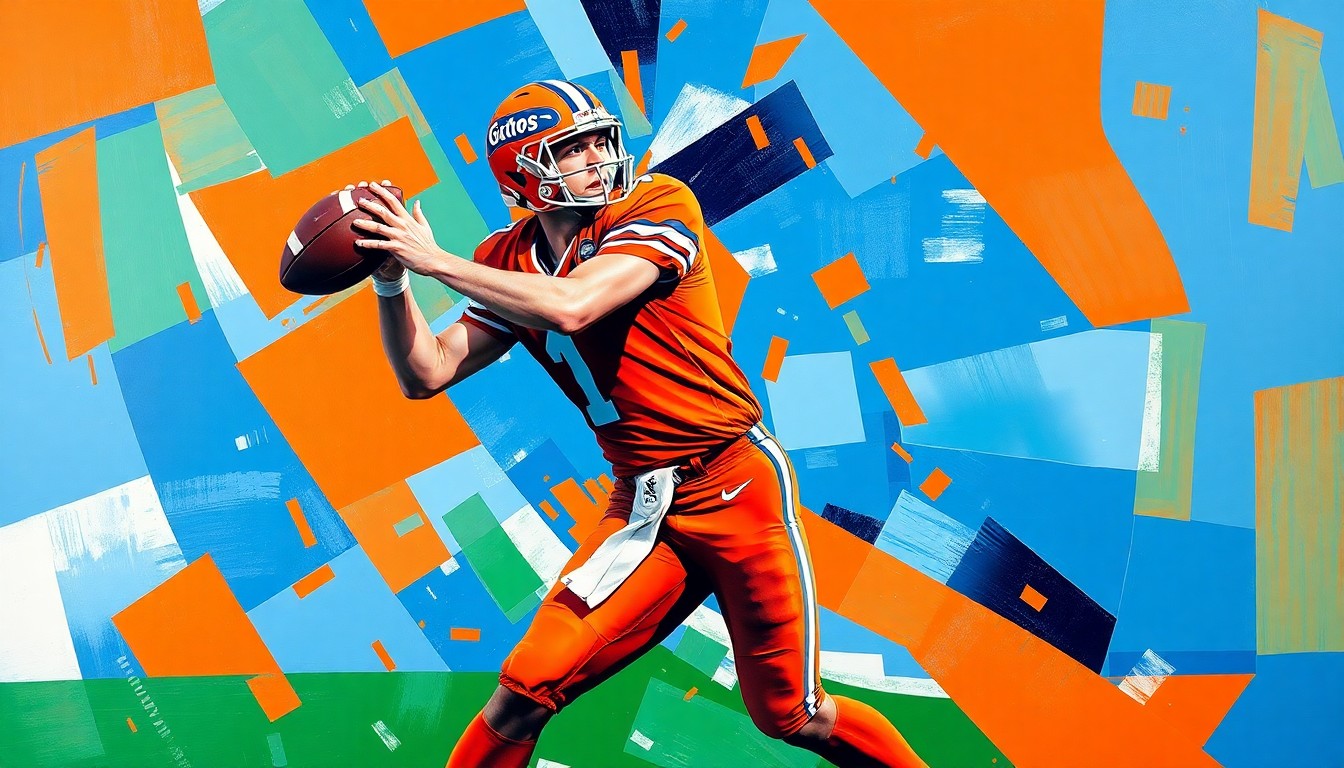 A cubist, geometric illustration depicting a college football quarterback in the act of dropping back to pass, with the player's form broken down into sharp, overlapping planes of vibrant orange and blue colors.