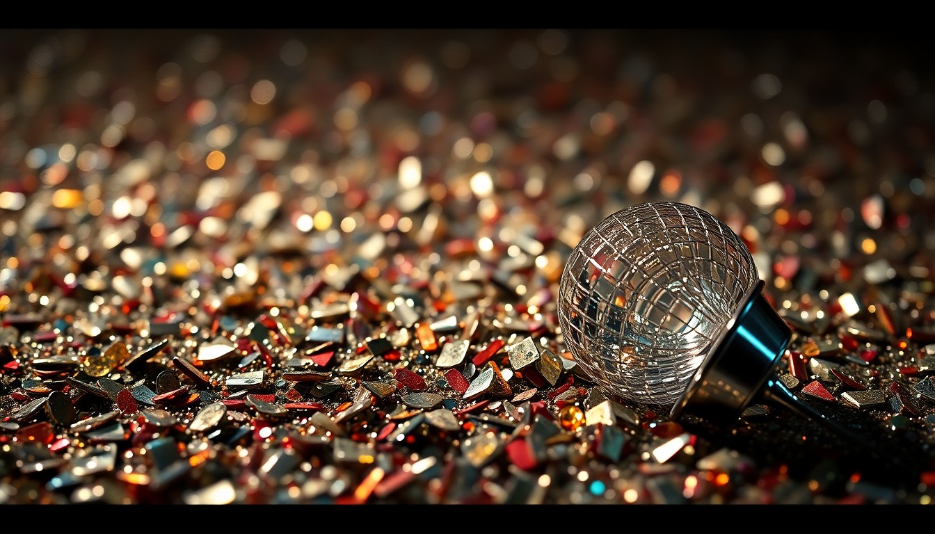 An extreme close-up of shimmering sequins and shards of reflective glass, capturing the glitz and glamour of the music industry in a high-contrast, abstract composition.