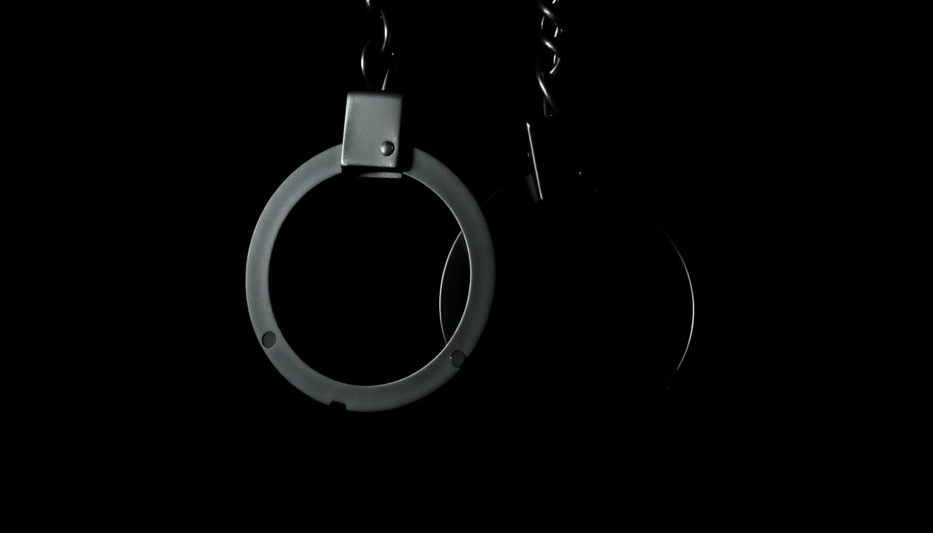An extreme close-up photograph of a pair of metal handcuffs against a pitch-black background, the harsh flash lighting creating dramatic shadows and textures that convey a serious, investigative mood about the challenges of prison security.