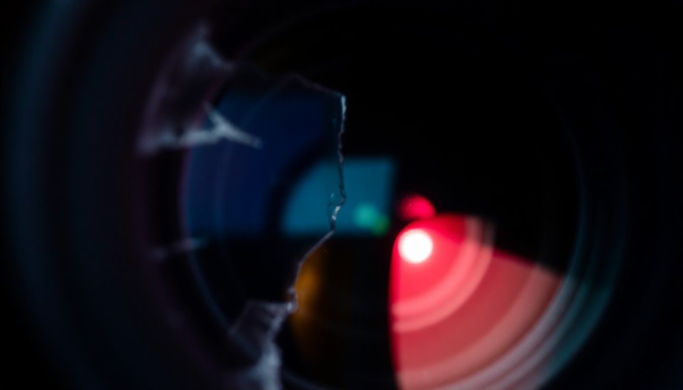 An extreme close-up photograph of a shattered digital camera lens reflecting a faint red light, conceptually representing the violation and trauma of child sexual abuse.