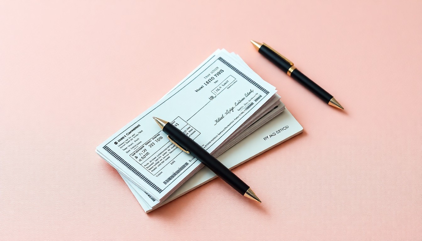 A high-end, photorealistic studio still-life featuring a stack of lottery tickets, a pen, and a checkbook arranged elegantly on a clean, monochromatic background, symbolizing the unexpected joys and community impact of a local 50/50 draw.