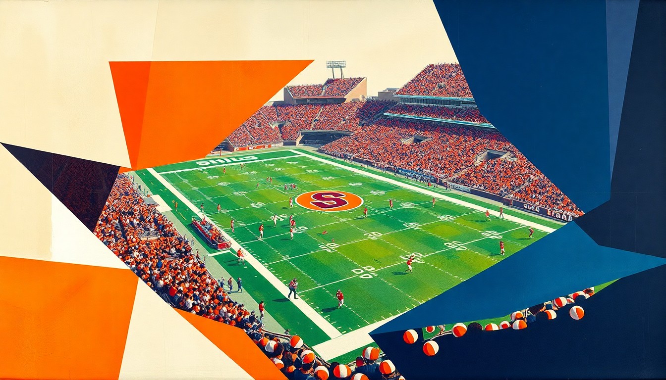 A fractured, multi-perspective painting in vibrant colors and sharp geometric shapes, depicting the action and intensity of a football game between Ohio State and Syracuse, with the players and field abstracted into bold, angular forms.