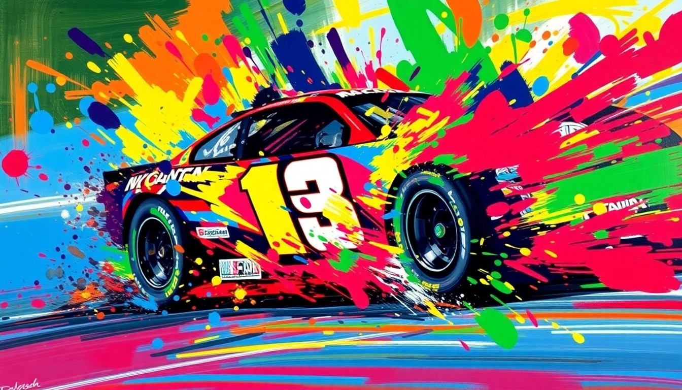 An abstract, expressionist painting in vibrant neon colors depicting the blurred, explosive movement of a NASCAR race car, capturing the raw energy and emotion of the sport.