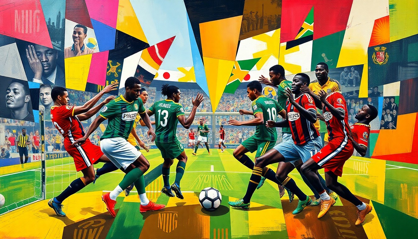 A fragmented, cubist-style painting depicting the action and energy of a football match, with the players' forms broken down into sharp, overlapping geometric shapes and planes of color.