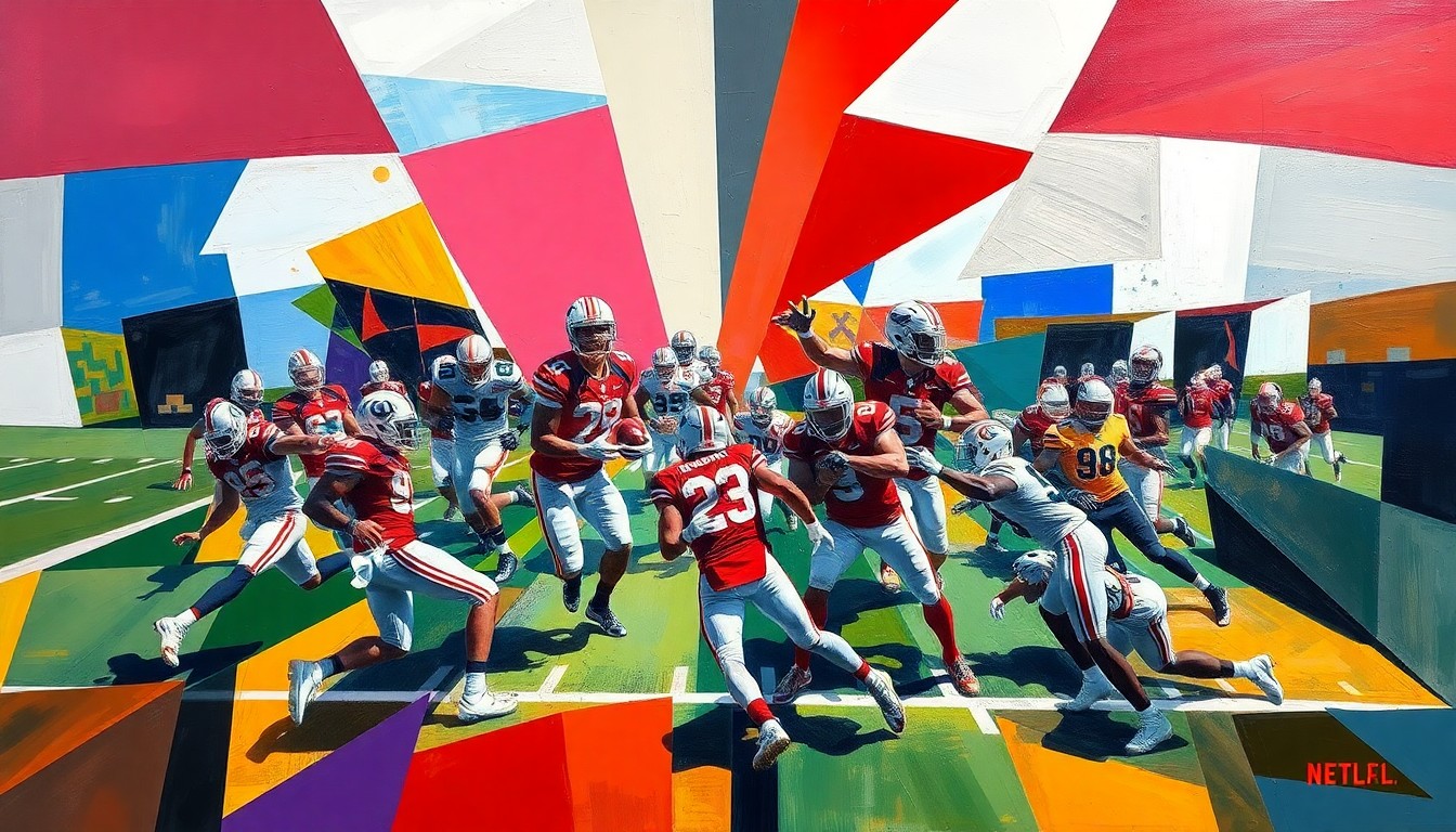 A cubist, geometric painting depicting an Ohio State football practice, with players' movements and the energy of the event broken down into sharp, overlapping planes of color and shape.