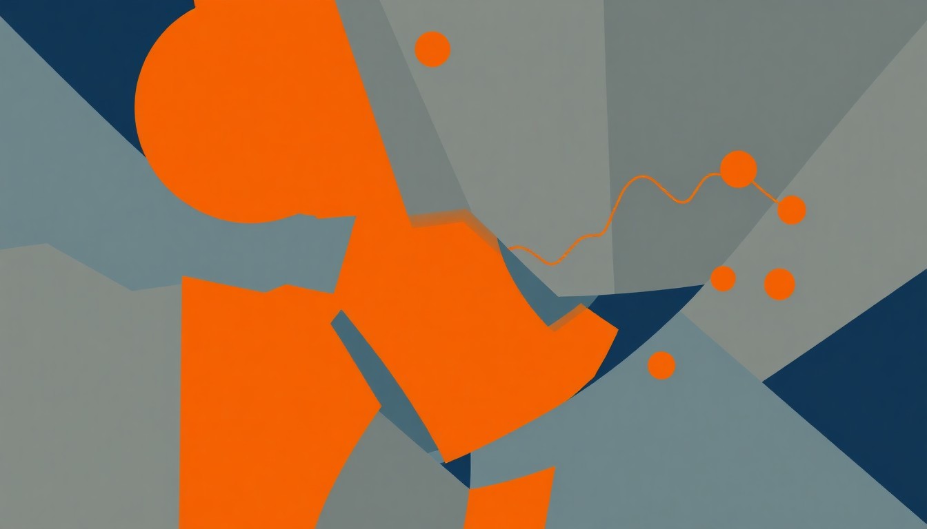 A minimalist abstract composition featuring overlapping triangles and rectangles in shades of blue, orange, and gray, conceptually representing the volatility and interconnectedness of global oil markets and geopolitical tensions in the Middle East.
