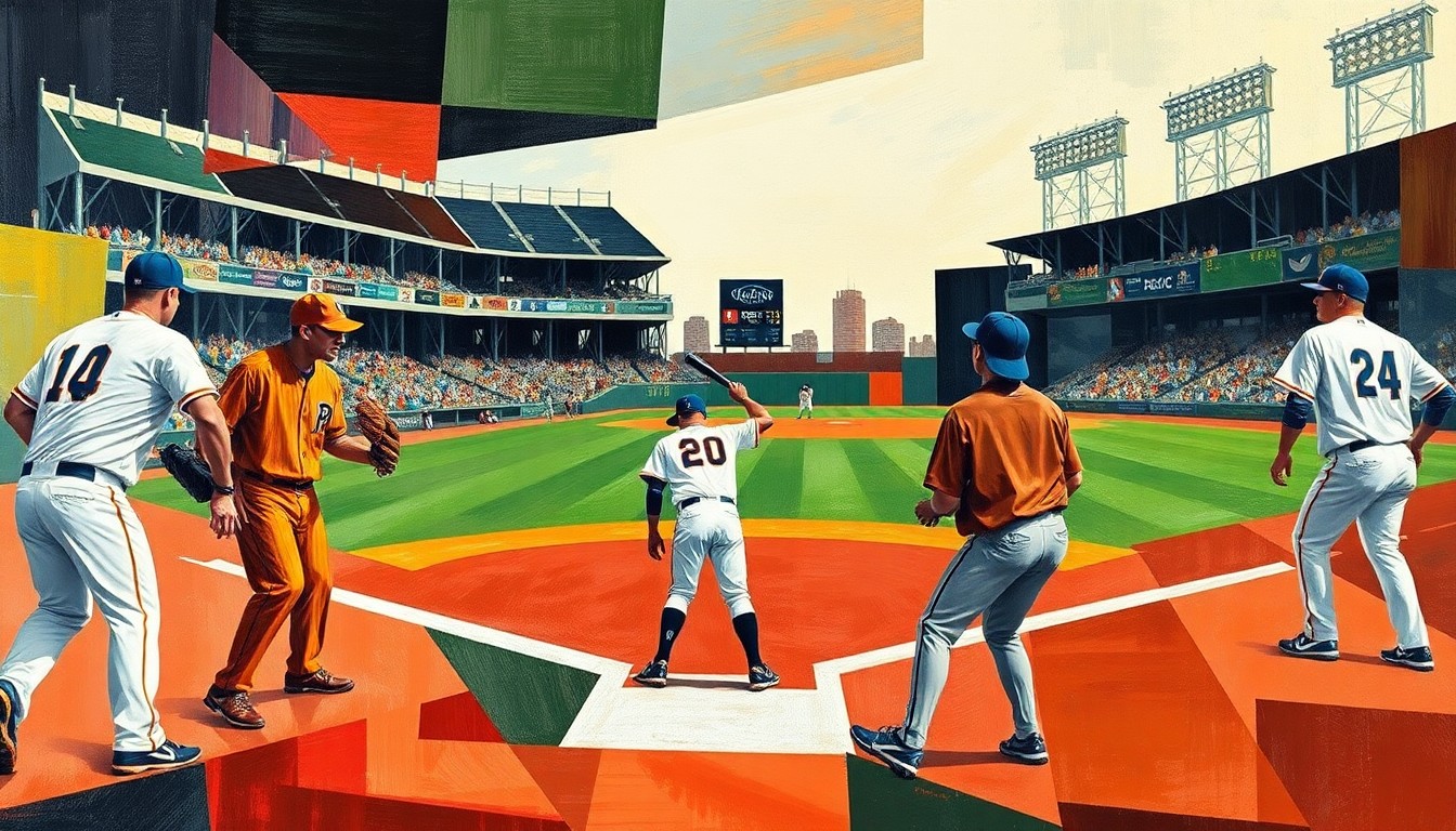A cubist-style painting depicting a baseball outfield scene broken down into sharp, overlapping geometric shapes and planes, with the players represented as abstract forms and no identifiable details.