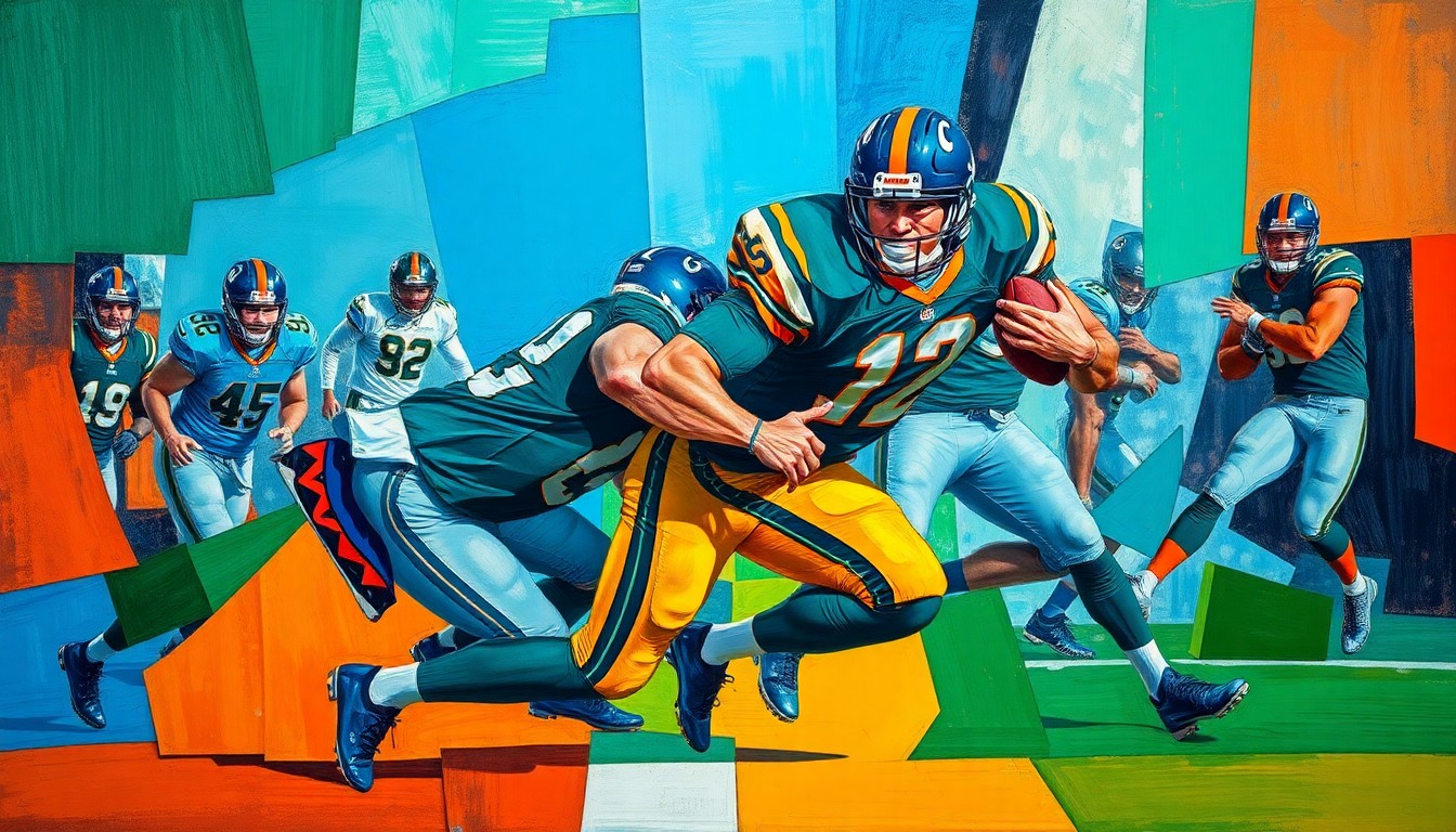 A fragmented, geometric painting depicting the dynamic movements and angles of a defensive lineman's pass rush, using bold, contrasting colors to convey the intensity of the action.
