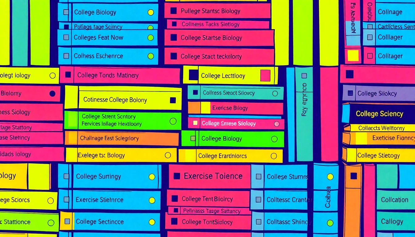 A brightly colored, high-contrast silkscreen print of a stack of college textbooks in various subjects like business, biology, and exercise science, repeated in a tight grid pattern with flat, vibrant, and unnatural neon color palettes overlapping with heavy black photographic outlines.