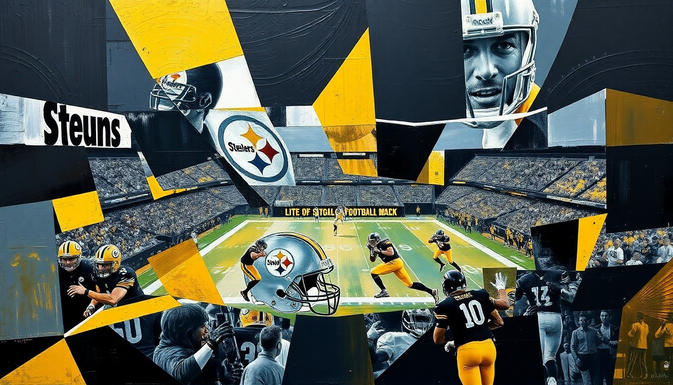 A fragmented, geometric painting depicting a Steelers football game or practice, with sharp, overlapping planes of black, gold, and steel blue representing the team's transition to a new era under coach Mike McCarthy.