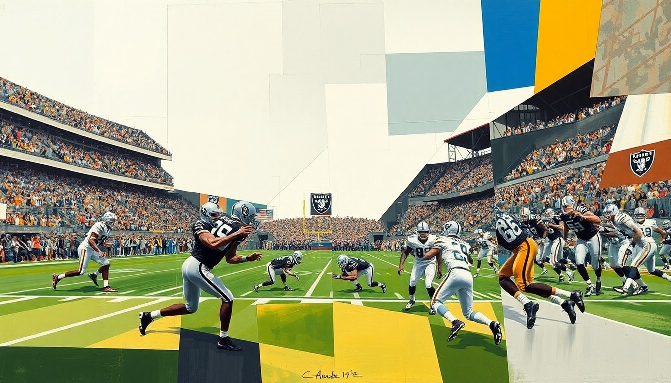 A cubist, geometric painting depicting a football game, with the players and field broken down into sharp, overlapping planes of color and shape, capturing the dynamic energy of the sport through a deconstructed, multi-perspective visual style.