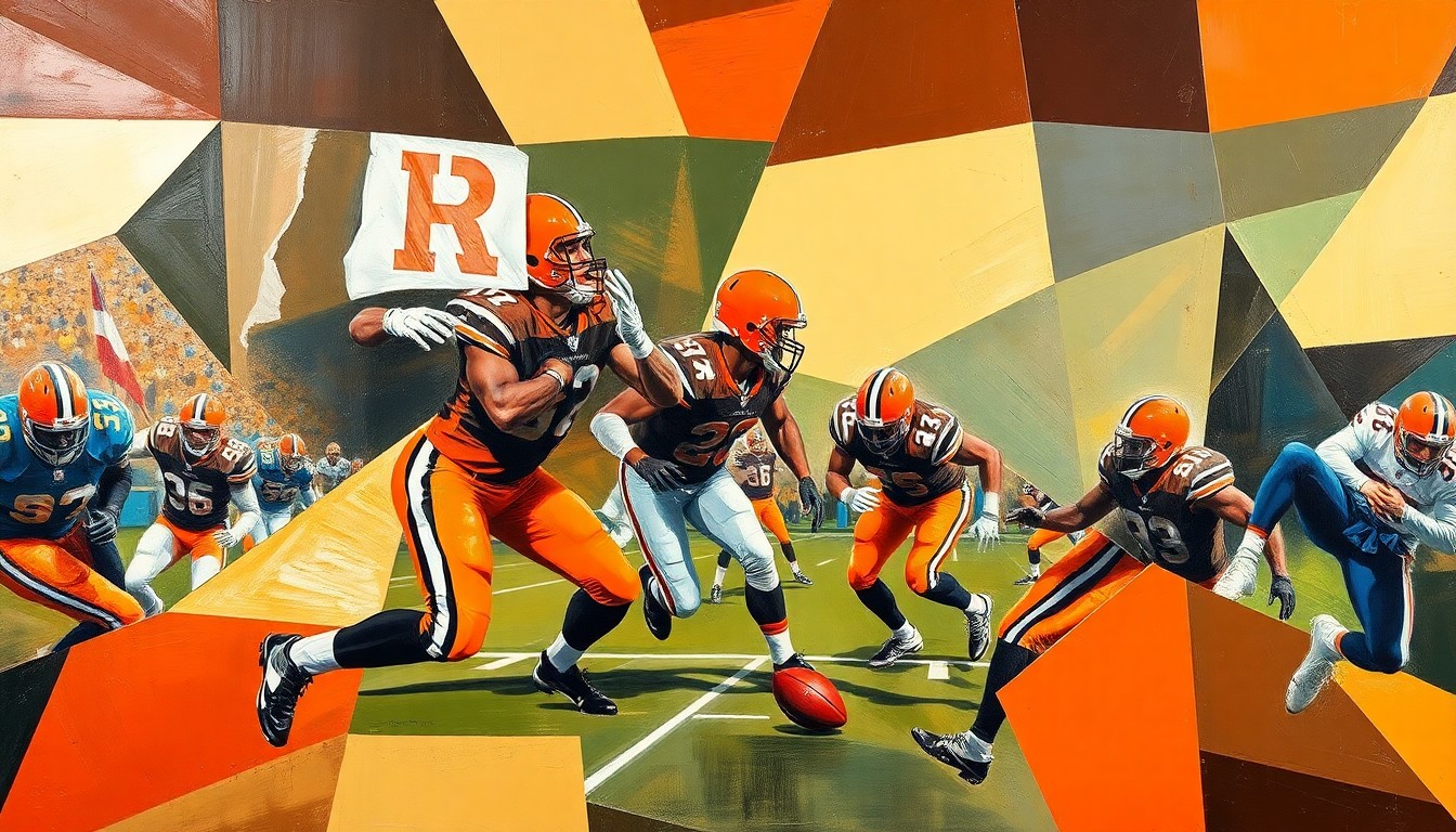 A fragmented, geometric painting depicting a football game in progress, with the players' forms broken down into sharp, overlapping planes of color, capturing the dynamic tension and strategic complexity of the quarterback competition.