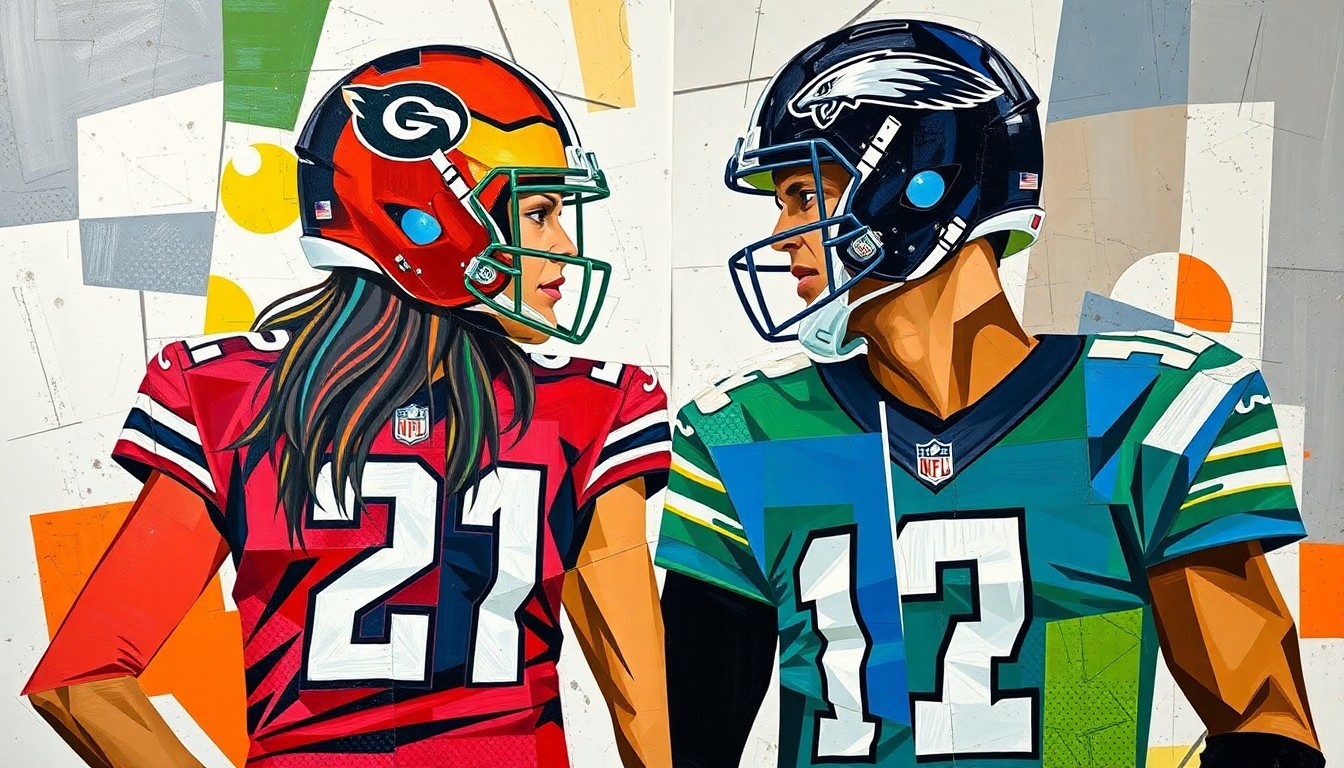 A fractured, cubist-style painting depicting the engagement announcement of Gracie Hunt and Derek Green, with their football equipment and uniforms deconstructed into abstract geometric shapes and colors, representing the merging of two influential NFL dynasties.