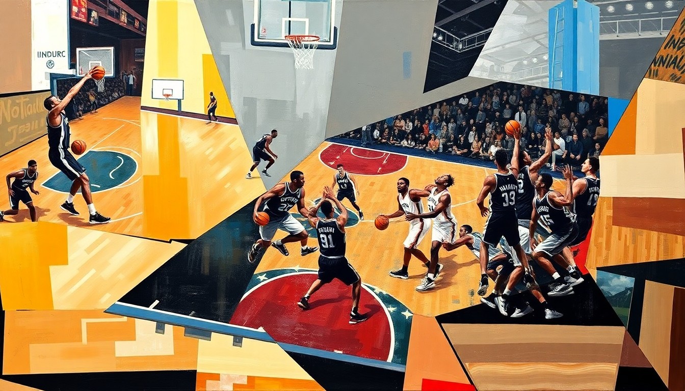 A fragmented, geometric painting depicting a basketball game between the Thunder and Spurs, with the players' forms broken down into sharp, overlapping shapes and planes of color.