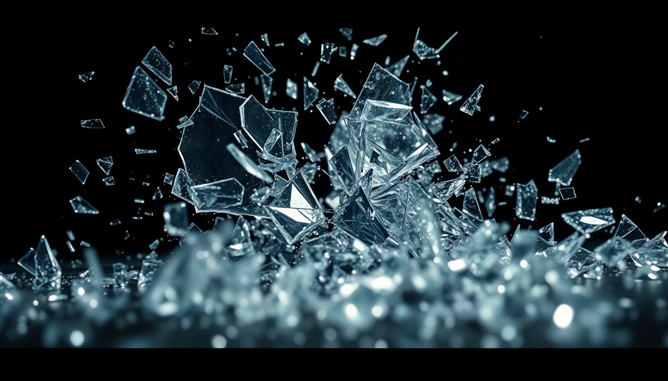 An extreme close-up of shattered glass and crumpled metal in dramatic, high-contrast studio lighting, conceptually representing the collision of celebrity and everyday life.