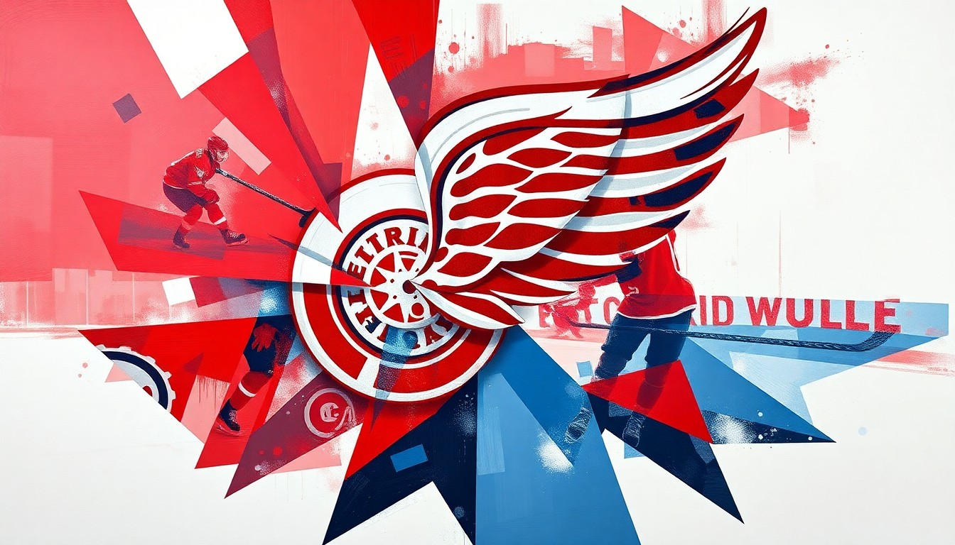 A fragmented, geometric painting in red, white, and blue hues, capturing the chaotic energy and disappointment of a Detroit Red Wings hockey game.