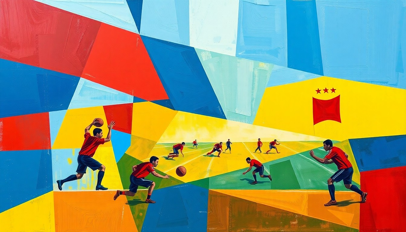 A cubist-style painting depicting a flag football game, with the players and field broken down into sharp, overlapping geometric shapes in vibrant colors, capturing the dynamic and strategic nature of the sport.