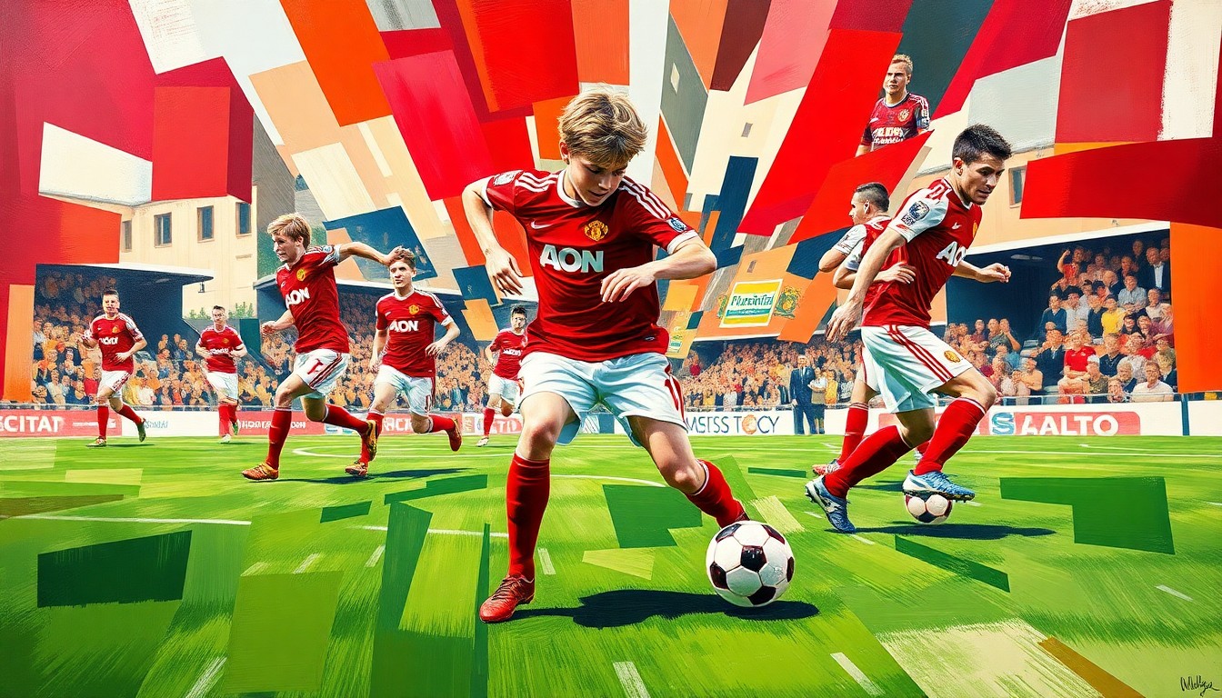 A fractured, geometric painting depicting the dynamic movements of a young soccer player in a red and white uniform, with sharp, overlapping planes of color representing the energy and potential of the athlete.