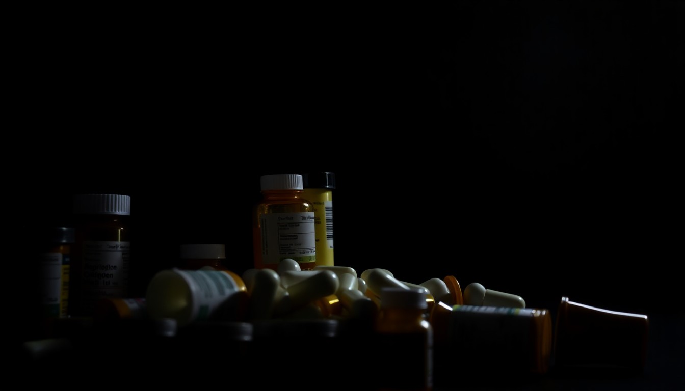 An extreme close-up photograph of a stack of prescription pill bottles lit by a harsh, direct camera flash against a pitch-black background, conceptually illustrating the clinical details of a healthcare fraud investigation.