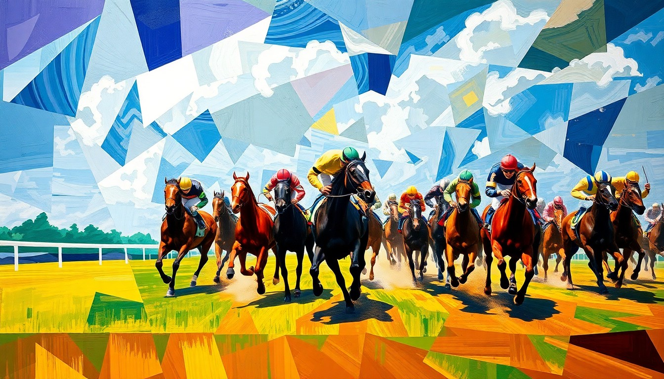 A cubist, geometric painting depicting the explosive energy and motion of a horse race, with the horses and jockeys reduced to abstract shapes and planes of color.