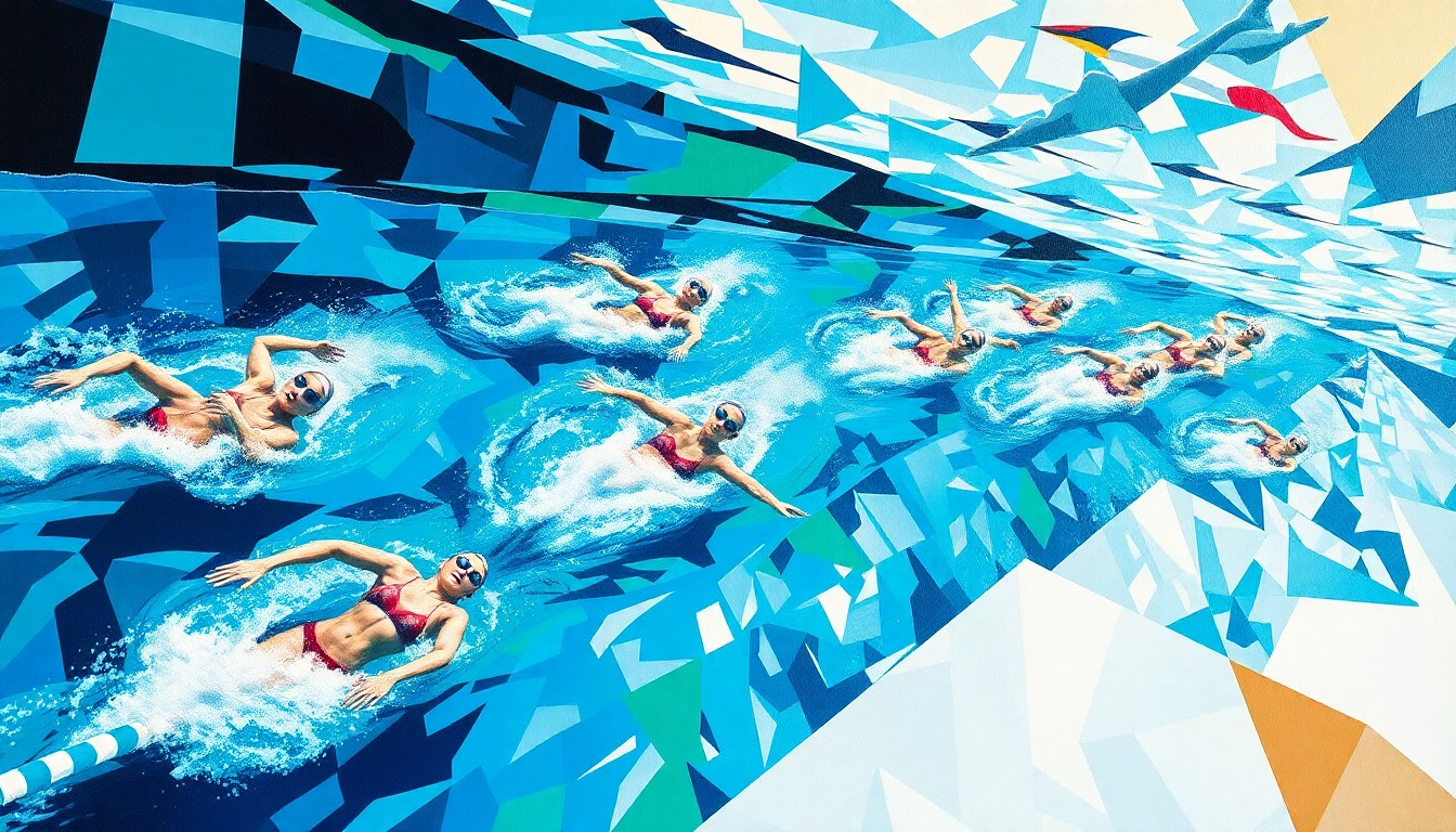 A cubist-style painting depicting an abstract, fragmented scene of a women's swimming competition, with overlapping geometric shapes and planes in shades of blue, green, and white suggesting the motion and energy of the swimmers.