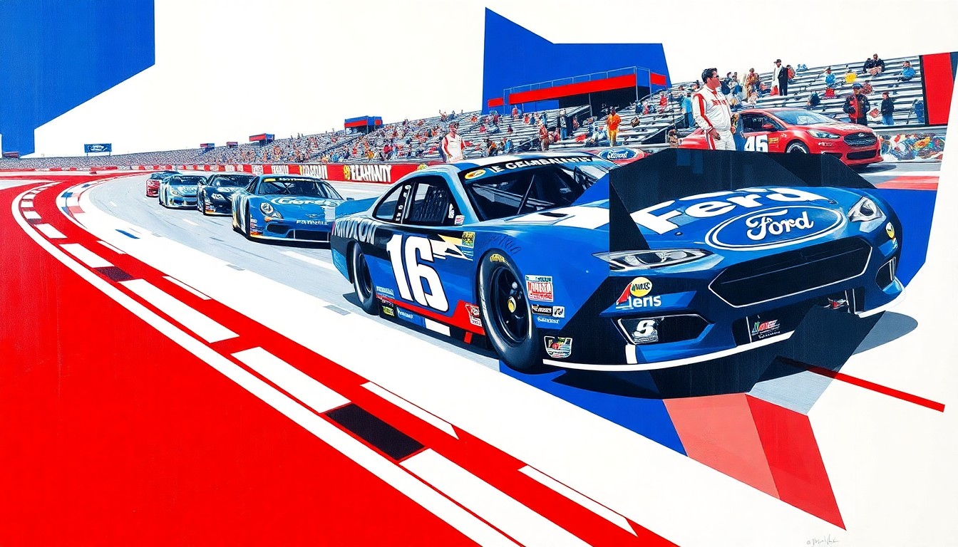 A cubist, geometric painting depicting a NASCAR race, with sharp, overlapping planes of color representing the dynamic action on the track.