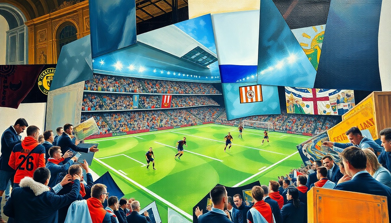 A cubist-style painting depicting a fragmented and overlapping scene of a football match or transfer negotiation, conveying the intricate legal and human elements involved in this case.