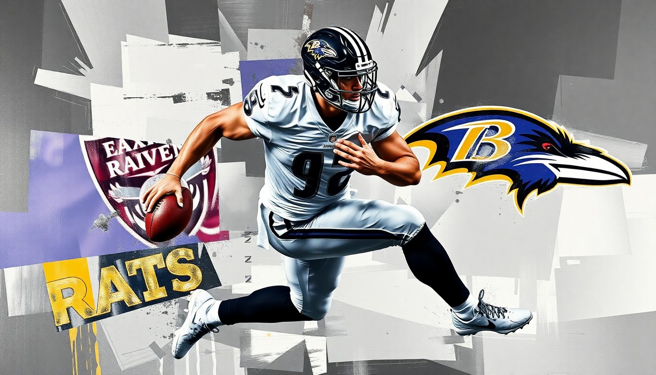 A fragmented, geometric painting depicting a football player's form broken down into sharp, overlapping planes of silver, black, purple, and gold, representing the complex trade negotiations and medical issues surrounding Maxx Crosby's move from the Raiders to the Ravens.