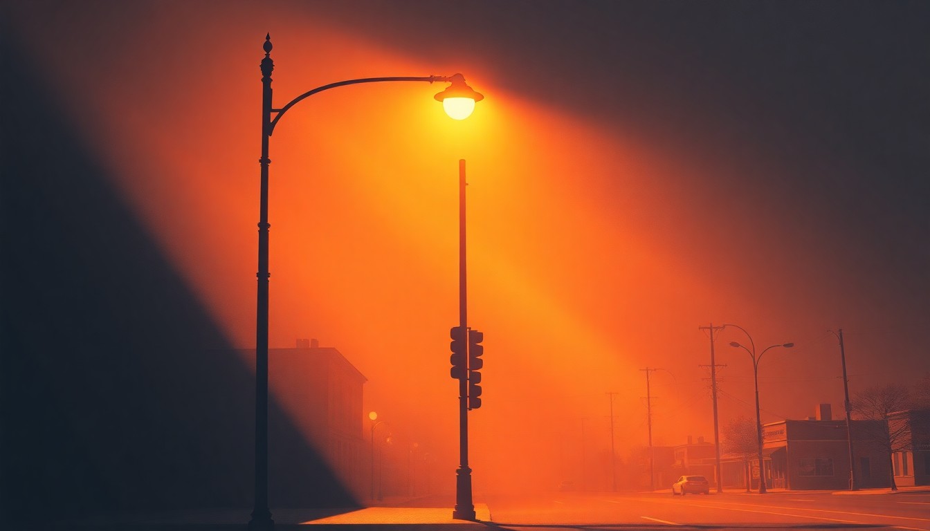 A serene, cinematic painting of a single street lamp post on an empty city street, the post bathed in warm, diagonal sunlight and deep shadows, conveying a sense of quiet contemplation about the role of public safety infrastructure in a small town.