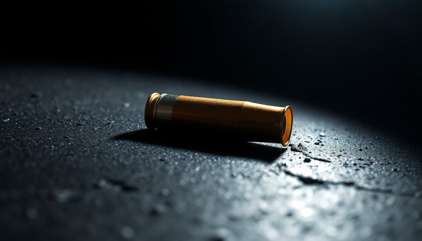 An extreme close-up photograph of a spent shell casing on a dark, textured surface, conceptually illustrating the aftermath of a shooting incident.