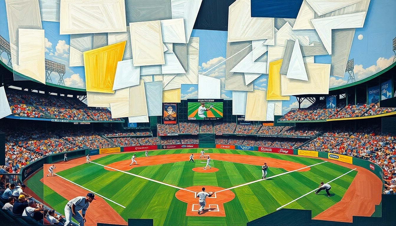 A cubist, geometric painting depicting a baseball game in motion, with the players and field of play broken down into sharp, overlapping planes of color and shape, creating a dynamic and abstract visual representation of the sport.