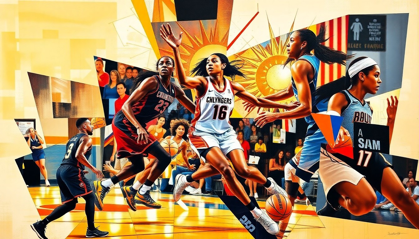 A cubist, geometric painting depicting a WNBA basketball game or match, with the Connecticut Sun and Brittney Griner as the central focus. The painting is composed of sharp, overlapping planes of color and shape, capturing the dynamic energy and competitive spirit of women's professional basketball.