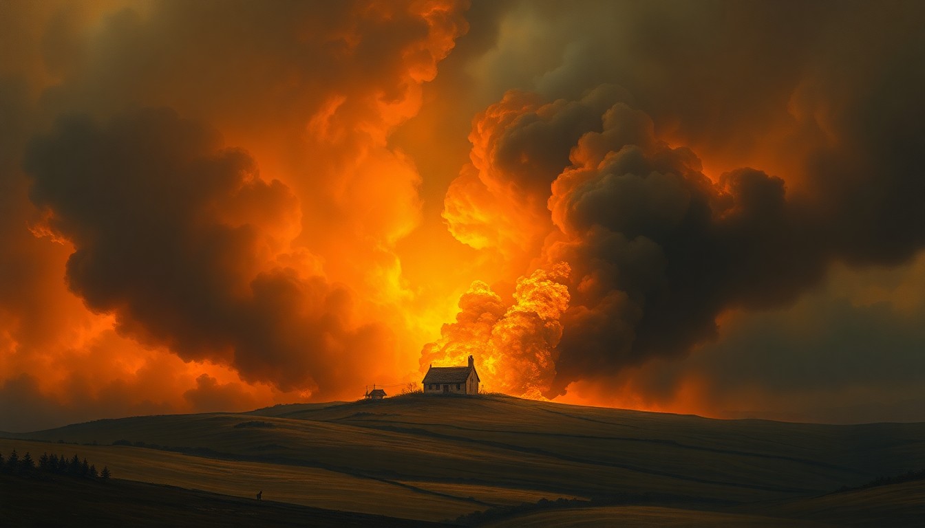A vast, majestic landscape painting in muted tones, with a small, isolated house in the distance consumed by a raging fire, conceptually representing the overwhelming force of a natural disaster.