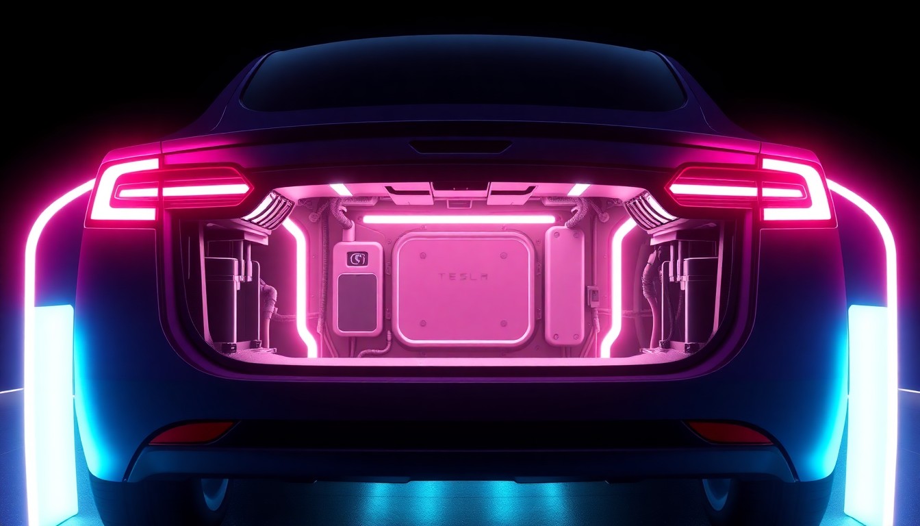 A highly detailed, glowing 3D illustration of a Tesla Cybercab's rear charging port, with neon cyan and magenta lights illuminating the intricate hardware and infrastructure, conceptually representing the technical challenges Tesla faces in delivering a reliable and efficient charging solution for its autonomous ride-sharing vehicle.