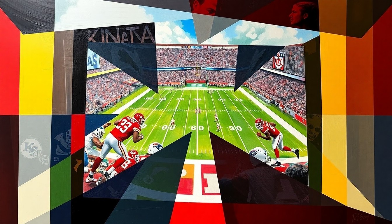 A cubist, geometric painting depicting a Kansas City Chiefs football game, with players and the field broken down into sharp, overlapping shapes and planes of color.