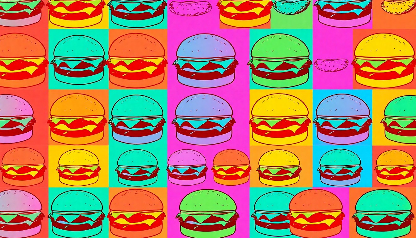 A brightly colored, high-contrast silkscreen print of a stylized fast food item repeated in a grid pattern, conceptually representing the repeated food safety failures across multiple restaurant chains.