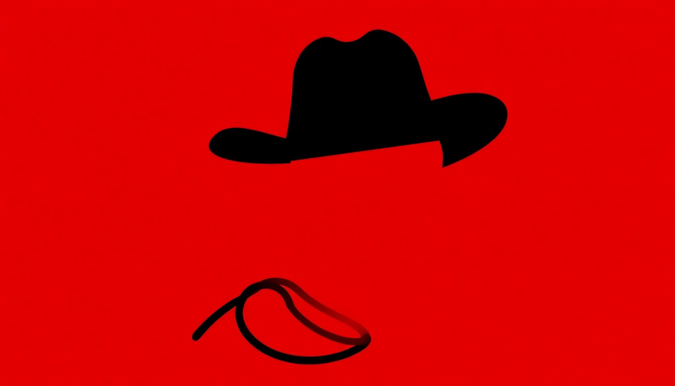 A dramatic black silhouette of a cowboy hat and lasso against a bright red background, conveying the iconic imagery of the Western film genre.
