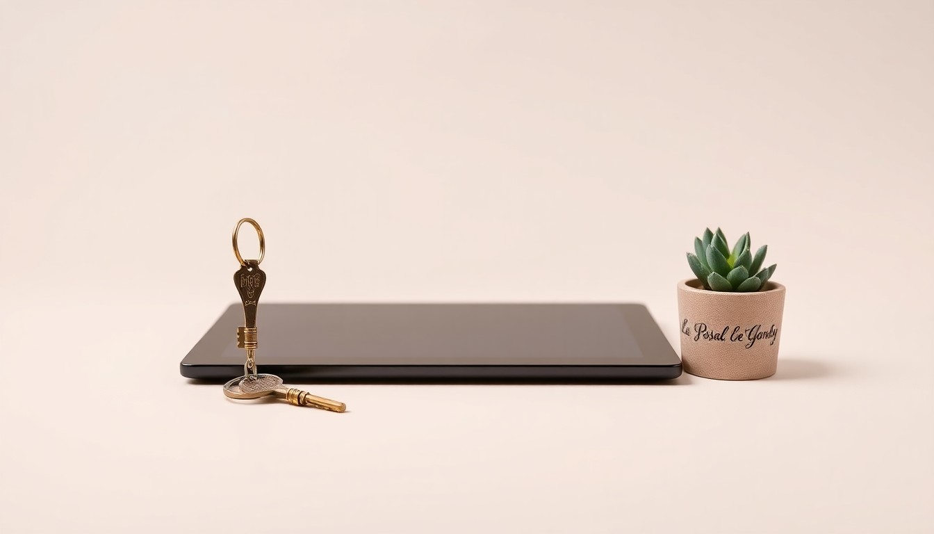 A photorealistic studio still life featuring a vintage hotel key, a modern tablet device, and a small potted succulent plant, symbolizing the balance of tradition and innovation in the renovation of the historic La Posada De Santa Fe hotel.
