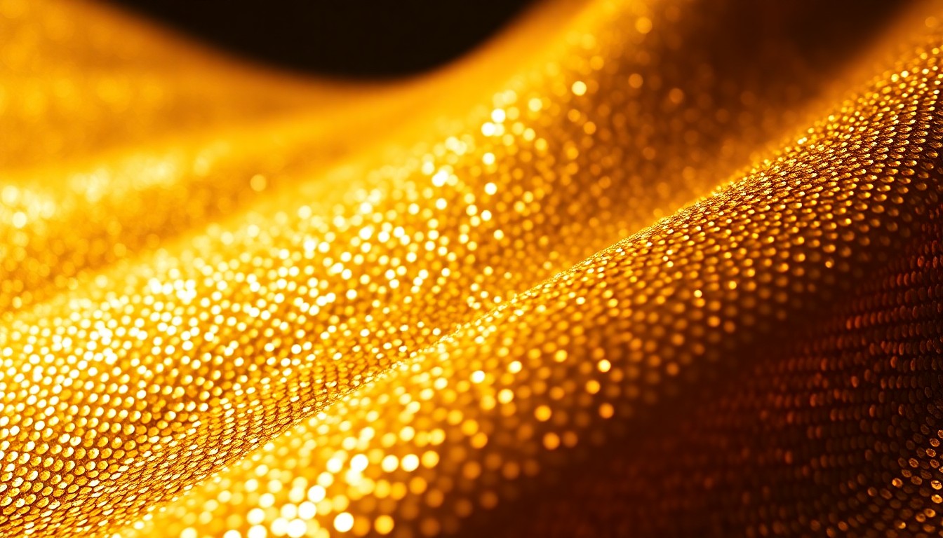 An abstract, high-contrast close-up photograph of a shimmering, glittering gold sequin texture, conveying the glamour and star power of celebrity advocacy for HIV/AIDS causes.