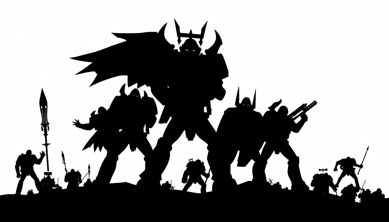 An abstract, minimalist illustration featuring bold, jagged geometric shapes and heavy black silhouettes, conceptually representing the majestic and strategic Legio Custodes of the Warhammer 40,000 universe.