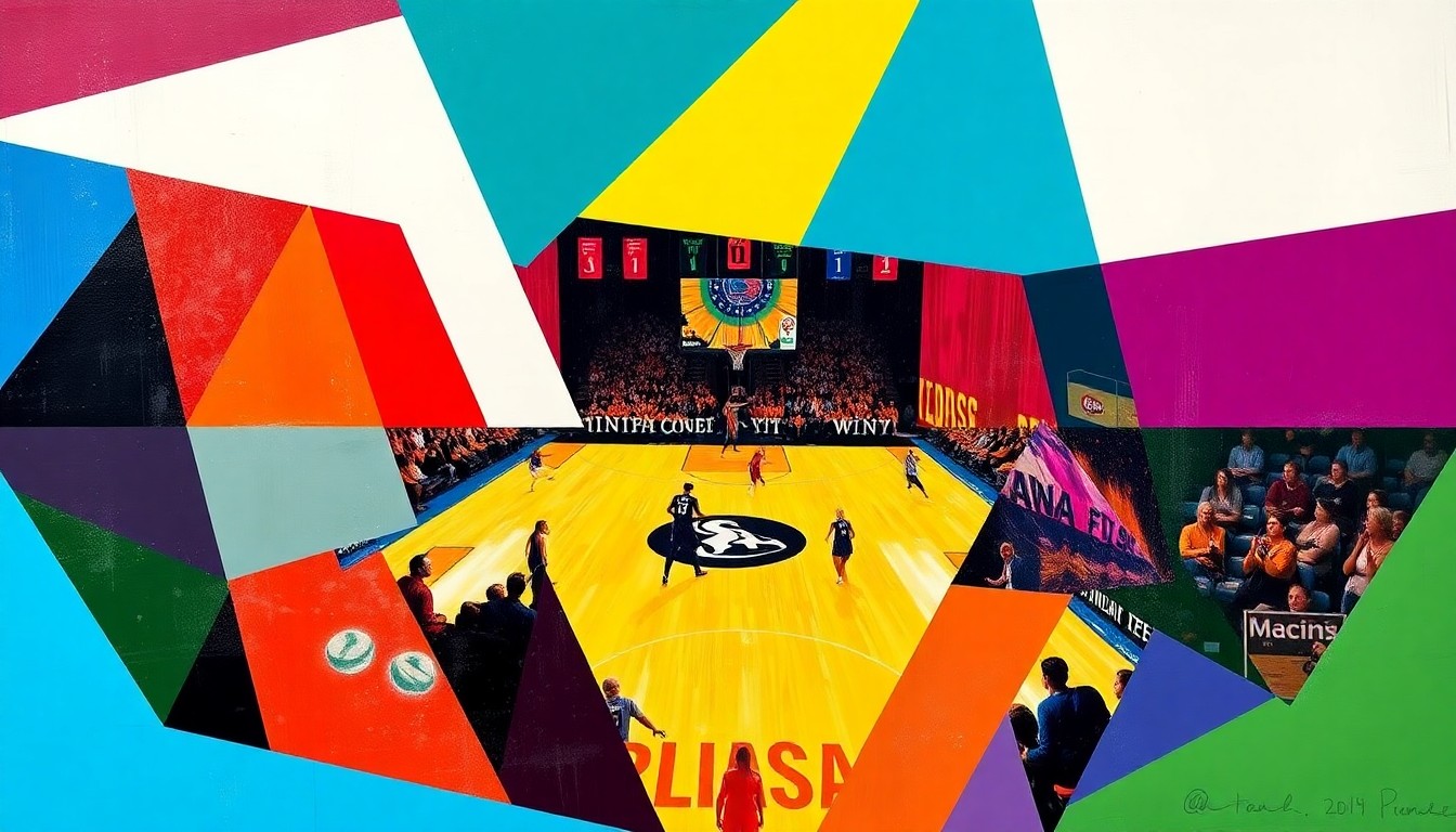 A cubist, geometric painting depicting a WNBA basketball game, with the players and court broken down into sharp, overlapping planes of color representing the official team colors of the Indiana Fever and their opponent.