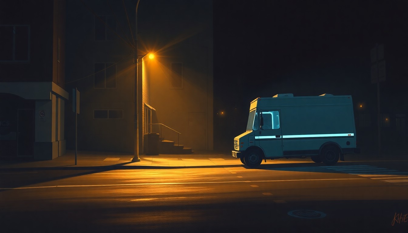 A cinematic painting of a solitary ICE vehicle parked on a dimly lit urban street, with warm, diagonal sunlight and deep shadows creating a sense of quiet contemplation about the operation's lasting effects on the community.