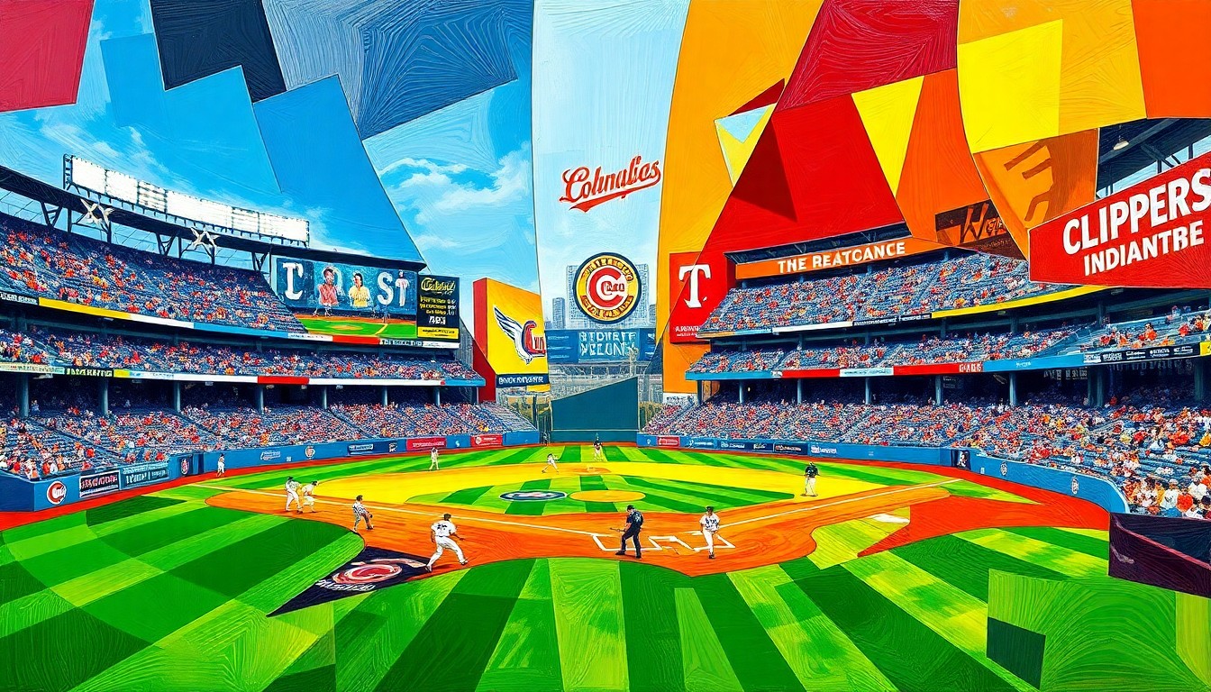 A fractured, geometric painting in vibrant colors depicting a baseball game between two teams, with sharp, overlapping planes and shapes representing the dynamic action on the field.