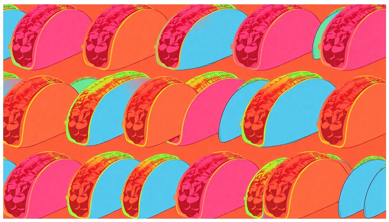 A brightly colored, high-contrast silkscreen print of a single, iconic Velvet Taco menu item repeated in a tight grid pattern, capturing the restaurant's playful and experimental approach to Mexican cuisine.