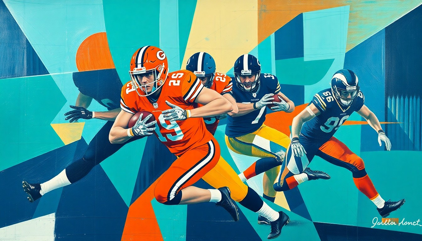 A fragmented, geometric painting depicting the chaotic motion and energy of a football pass rush, with sharp planes of teal, orange, and navy blue colliding in an abstract, cubist composition.
