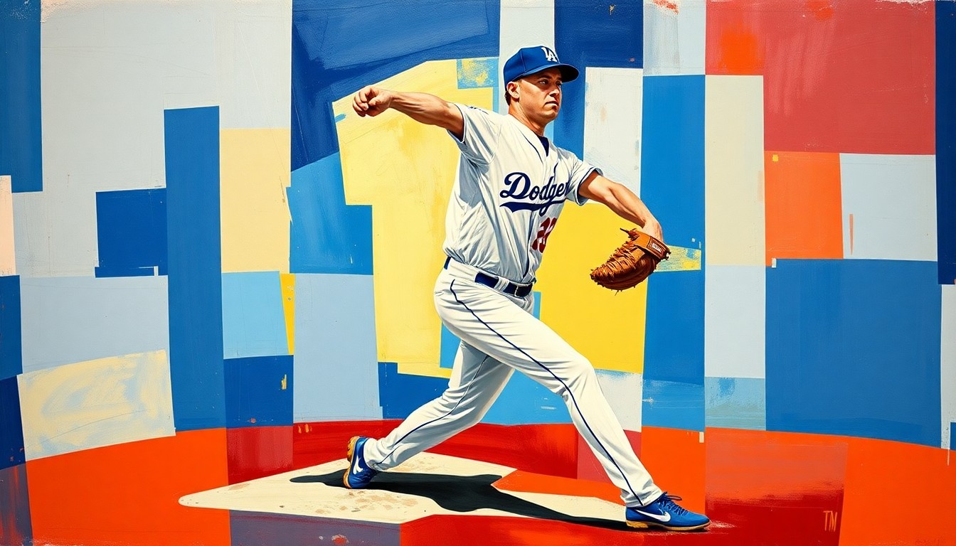 A fragmented, cubist-style painting depicting the windup and delivery of a Dodgers pitcher, with sharp, overlapping geometric shapes in vibrant shades of blue, white, and red, capturing the dynamic motion of the pitcher's mechanics.