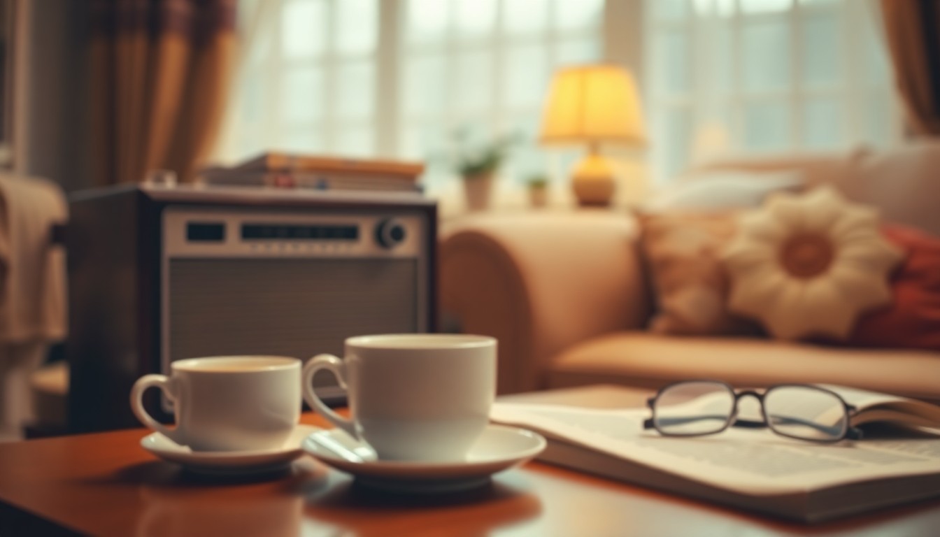 A softly blurred, out-of-focus photograph in warm, hazy tones depicting a cozy living room scene with a vintage radio, a cup of tea, and a pair of reading glasses, conveying a sense of nostalgia and the comforts of a life well-lived.